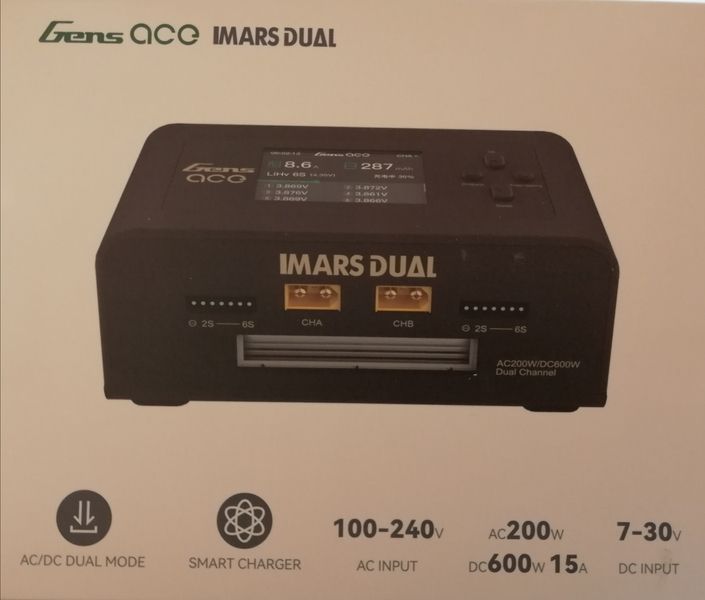 Двох канальна зарядка для акумуляторов 1S, 2S, 3S, 4S, 5S, 6S LiPo/LiFe/LiHv GensAce Imars Dual Channel AC200W/DC300Wx2 (AC/DC 200W/600W) Smart Balance RC Charger (GEA200WDUAL-EB) GEA200WDUAL-EB фото